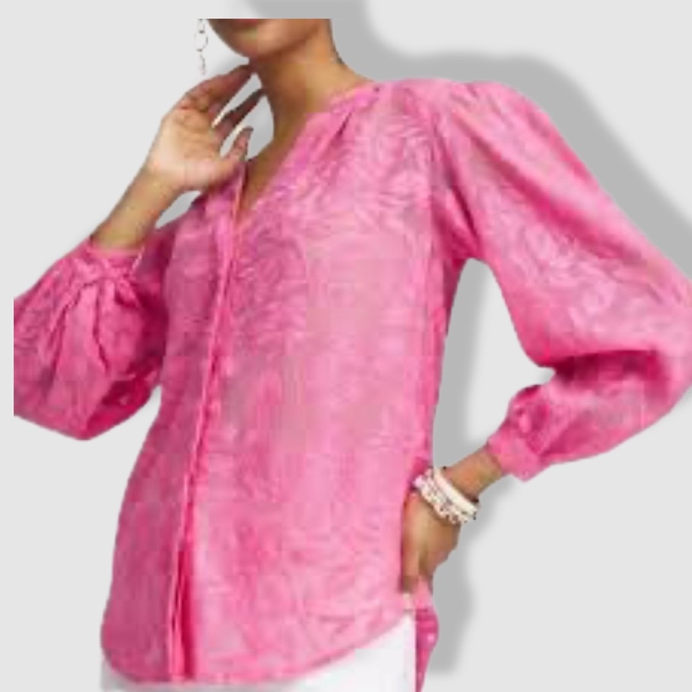 Chico's Chiffon Embroidered Blouse Vibrant Pink Sheer Puff Sleeve Top
